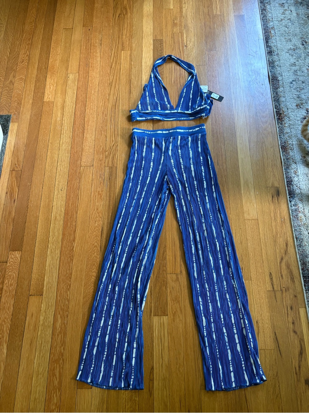 Fashion Nova Blue Striped Halter Crop & Wide-Leg Set